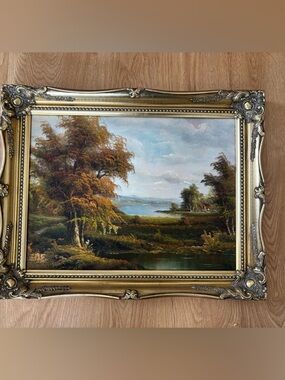 Framed Landscape Oil-Style Wall Art in Gold